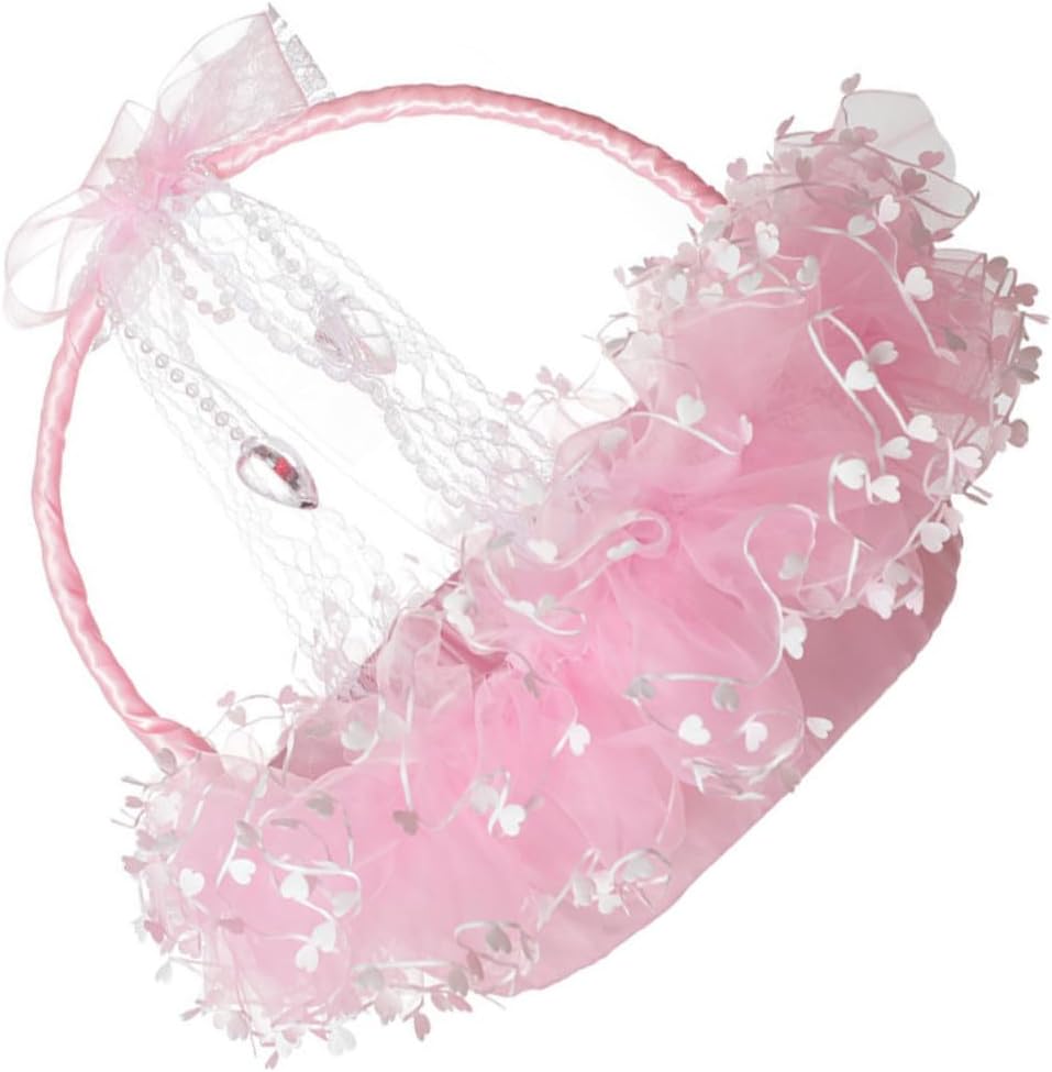 Abaodam Portable Lace Flower Girl Basket Handheld Pink Foldable Wedding Basket for Ceremony and Decor,