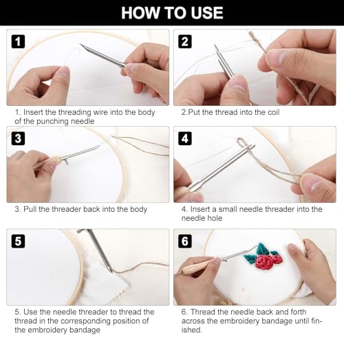 Image of 5Pcs Punch Needle Tool with Wooden Handle, Punch Needle Threader, Punchs Needles Fabric - Perfect Embroidery Kit for Beginners and DIY Craft Stitching