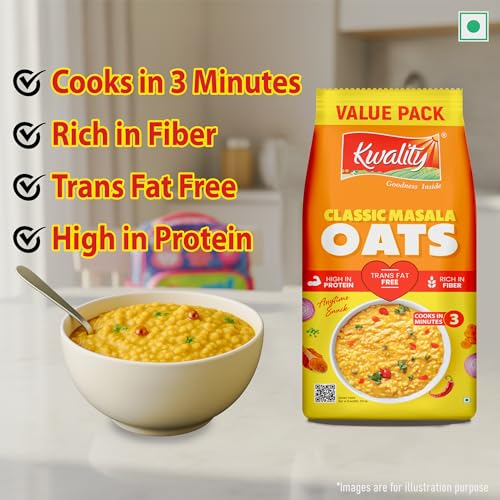 Image of Kwality Classic Masala Oats 500g | Healthy Breakfast | High Fiber & Protein | Ready-to-Cook | Spicy Flavor