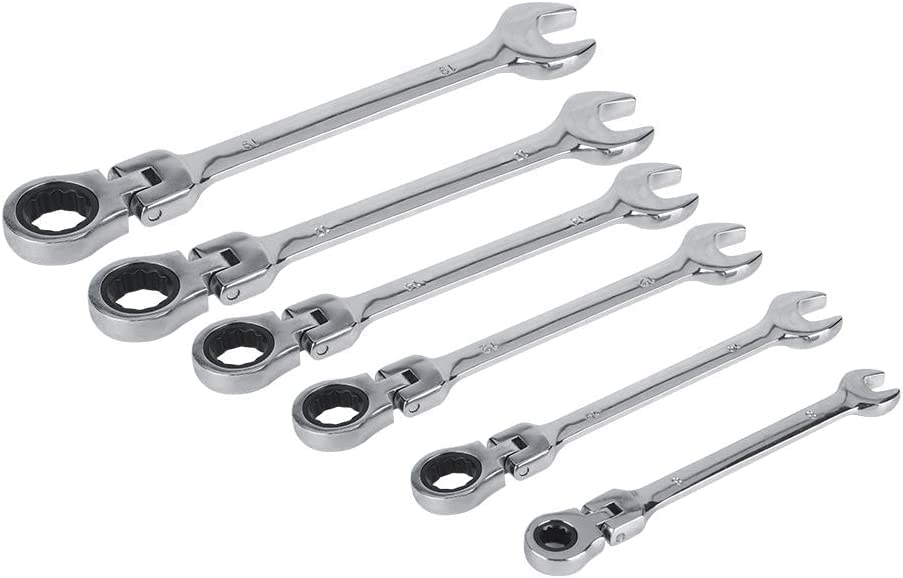 Image of Combination Ratchet Spanner Set, 7Pcs Flexible Head Multi-Functional Ratchet Combination Spanner Wrench 8-19mm Repair Tools Set with Open End Spanner and Carry Case for Cars Bicycles