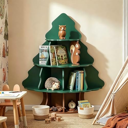 Karl home Children Tree Bookcase Toddler Tree Bookshelf for Kids Baby Montessori Bookshelf and Toy Storage Kids Room Furniture Display Shelf for Bedroom Nursery Playroom Green