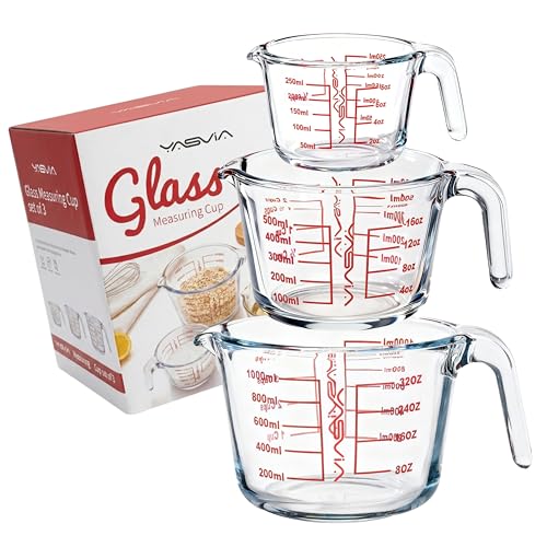 Yasvia Messbecher Set Glas 3-teilig (250ml 500ml 1000ml) Messkrug aus hochwertigem Borosilikatglas Hitzebeständig & Mikrowellengeeignet Küchenmessbecher mit präziser Skala Spülmaschinenfest