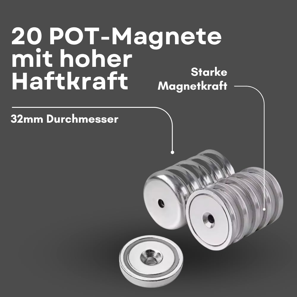 Strong Magnets, magnete al neodimio, 32 mm, 20 pezzi, extra forte, dura fino a 37 kg, applicazione industriale, officina o ufficio, magnete da avvitare