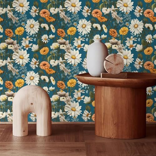 Image of Wallpaper Peel and Stick Vintage Flowers Leaves Birds Pattern Design Botanical Tropical Floral Textured Lotus Wall Decor Removable Waterproof Adeshive Wallpaper (Contact Paper)