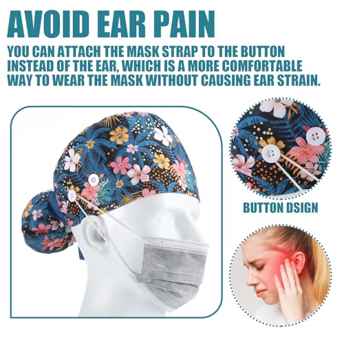 Image of 6 Pcs Scrub Caps for Women Doctor Nursing Hats with Buttons Adjustable Tie Back Working Cap Bouffant Scrub Hats for Women Men