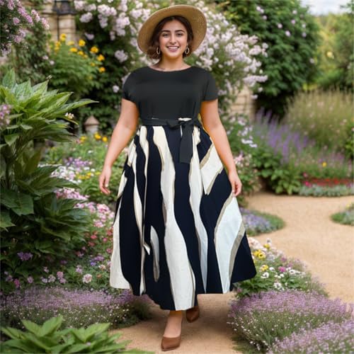 Image of Hostoyo Women Plus Size Formal A Line Maxi Dress Self Tie Waist with Pockets Elegant Round Neck Swing Long Dresses