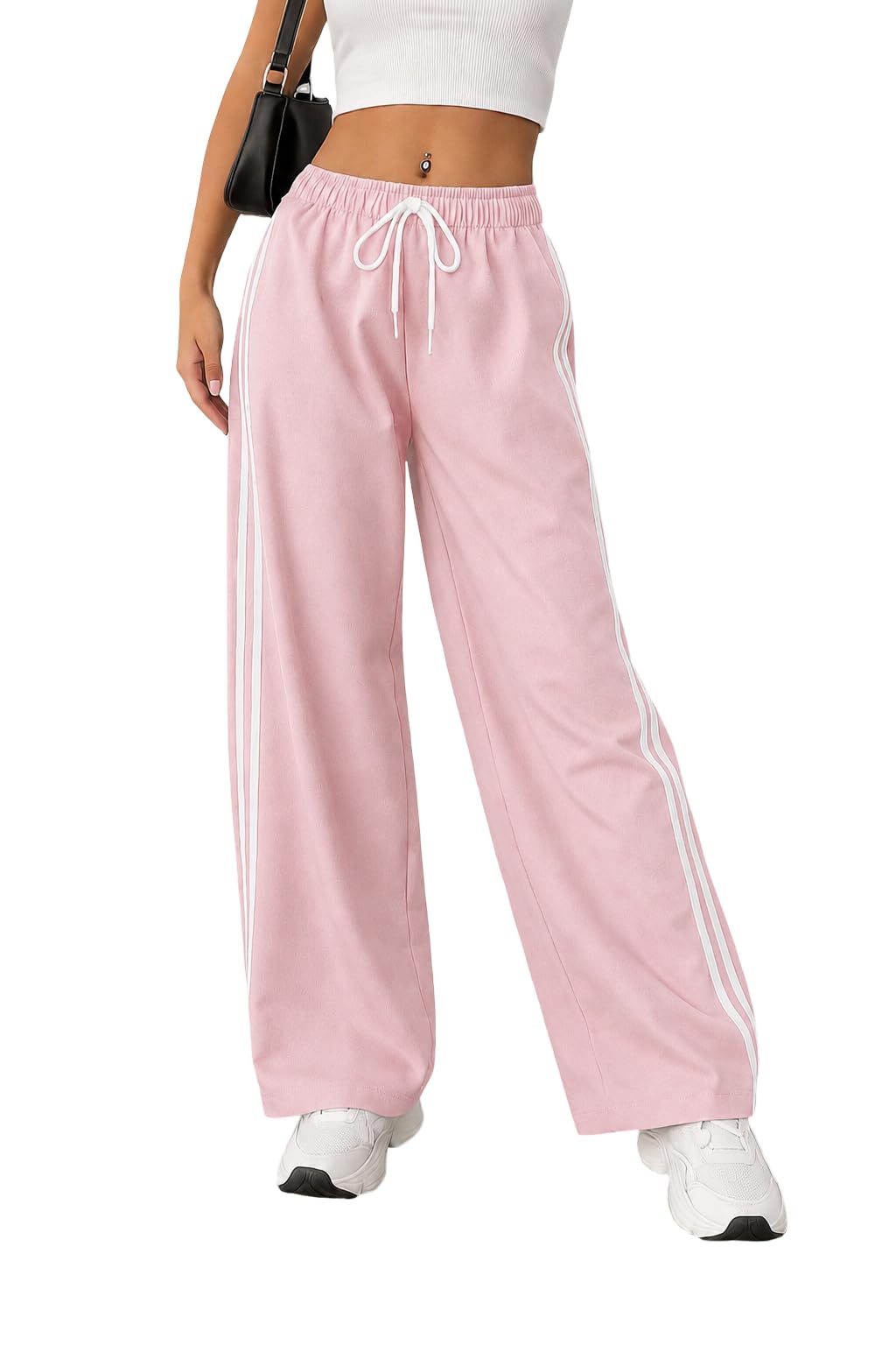 SAKHWALA Women Track Pant | Women's Wide Leg Track Pants High Waist Drawstring Sweatpants with Side Stripes, Casual Loose Fit Lounge Joggers, Dark Grey-image-39