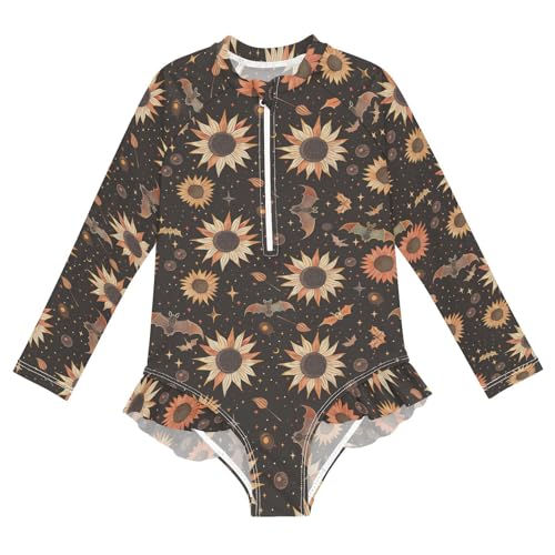 CaTaKu Girls One Piece Swimsuit Bat Sunflower Space Toddler Bathing Suit Long Sleeve UPF 50+ Rash Guard Swimwear 3-12Y