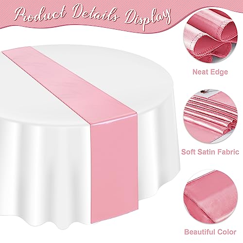 Image of 12 Pack 12x108 Inch Satin Table Runner and 84 Inch Round Plastic Tablecloths Set White and Rose Gold Disposable Round Table Cover for Graduation Wedding Shower Anniversary Birthday Party Decorations