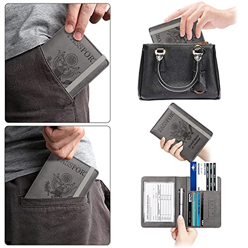 Image of WALNEW Passport Holder for Travel, RFID Passport Cover Wallet for Women Men, PU Leather Passport Book Card Holder Case with Pen (Upgraded, Upgraded-Gray)