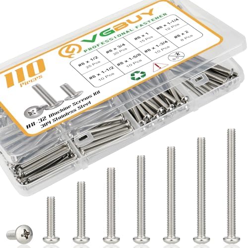 VGBUY 110Pcs Machine Screws Assortment kit,Assorted 1/2 to 2 inch Long # 8-32 Machine Screw,304 Stainless Steel Phillips Pan Head Screws Bolts for Electrical Wall Socket,Household Repairs