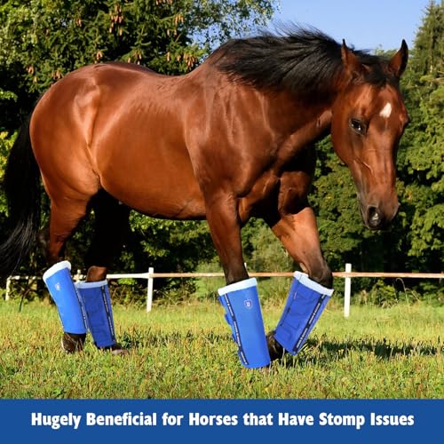 Image of Harrison Howard Loose-Fitting Horse Fly Boots UV-Protective, Breathable, Tear-Resistant Fine Mesh Leggins Stay-on Comfortable Fly Boots with Ultra-Soft Wool Trim (Set of 4) Signature Blue Pony (Small)