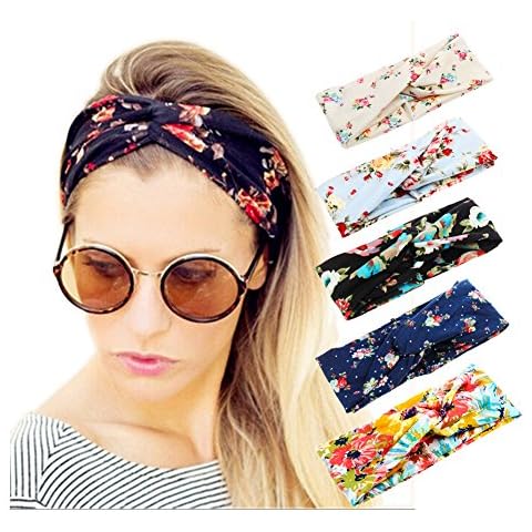 EssVita Women Hairband, 5 Pcs Floral Elastic Sports Sweatband Bohemia Knot Headband for Yoga, Running and Working Out Floral Pattern Cover