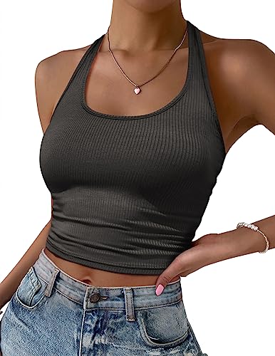 Image of Ekouaer Women Halter Top Backless Scroop Neck Slim Stretchy Ribbed Knit Camisole Crop Tops S-XXL