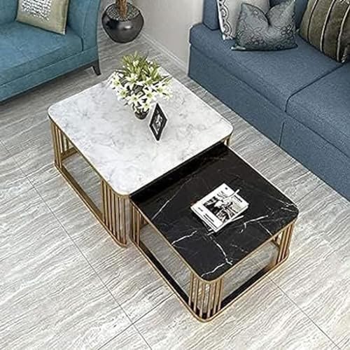 Image of Two-Piece Marble Look Coffee Table Set, top end Side Table, Metal Frame Cocktail Table, Nesting Tea Table, and Home Furniture Size for Living Rooms (White & Black)
