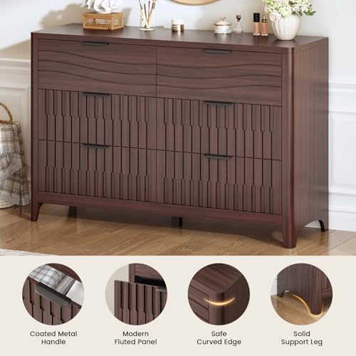 Image of Fluted 6 Drawer Dresser for Bedroom, 48'' Wide Wooden Chest of Drawers with Metal Handles, Modern Dresser TV Stand, Wood Clothing Storage Organizer for Bedroom, Living Room, Walnut