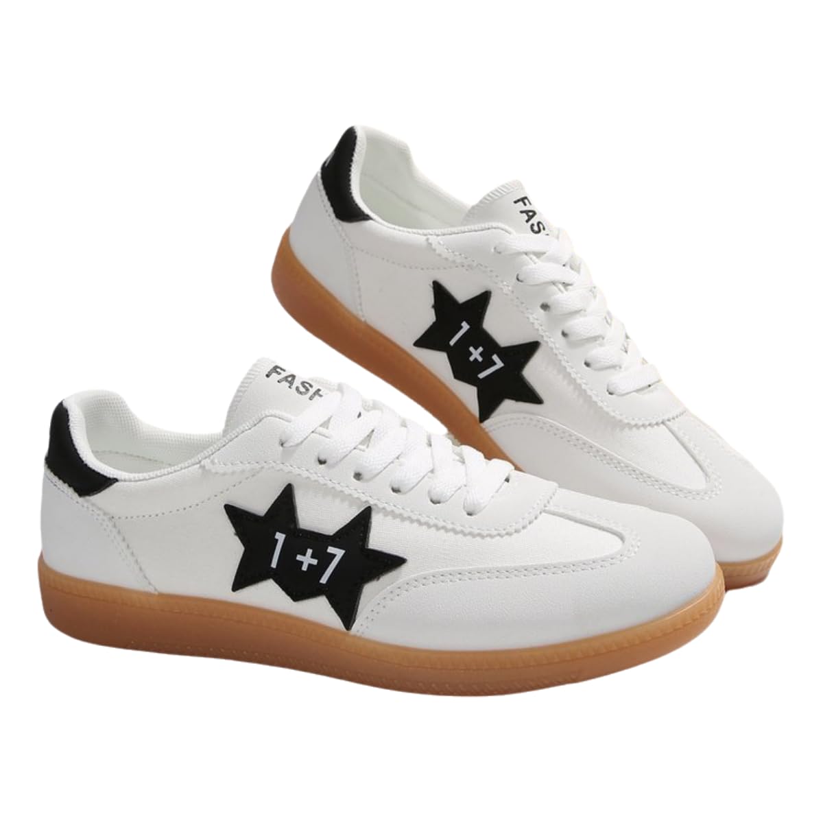 Star Pattern Casual Sneakers, White with Black Accent, Gum Rubber Sole, Lace-up Athletic Shoes (White, Adult, Women's, 8.5, Digital, US Shoe System, Medium (Medium))