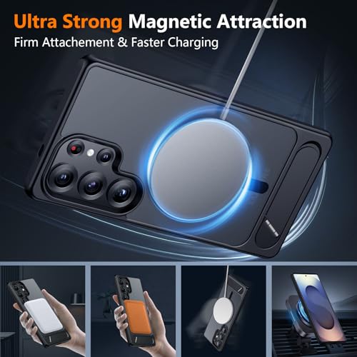 Image of SPIDERCASE Magnetic for Samsung Galaxy S25 Ultra Case,[Built-in Invisible Kickstand][Compatible with MagSafe][Military Grade Shockproof] Slim Translucent Matte Phone Case,Black