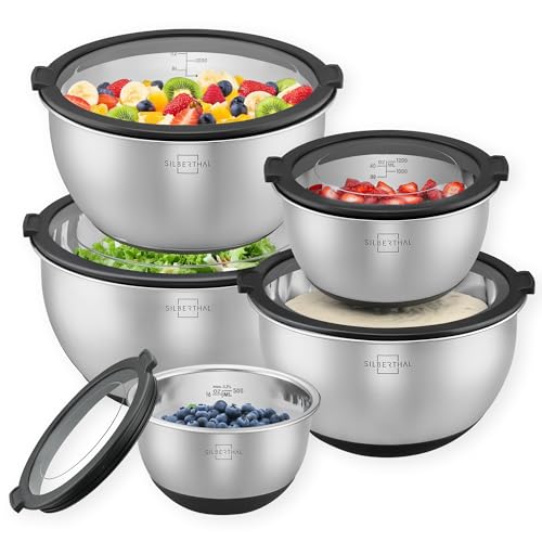 SILBERTHAL Edelstahl Schüssel 5er Set mit Deckel - Rührschüsseln zum Servieren, Kochen, Backen, Aufbewahren - Rutschfester Boden - 5 Stück