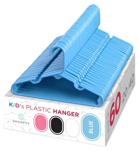 Image of Sharpty Kids Plastic Hangers, Children's Hangers for Baby, Toddler, and Child Clothes - Everyday Standard Use - Ideal for Boys and Girls Closet, Clothing, Pants, Coats, and More - Blue, 60 Pack