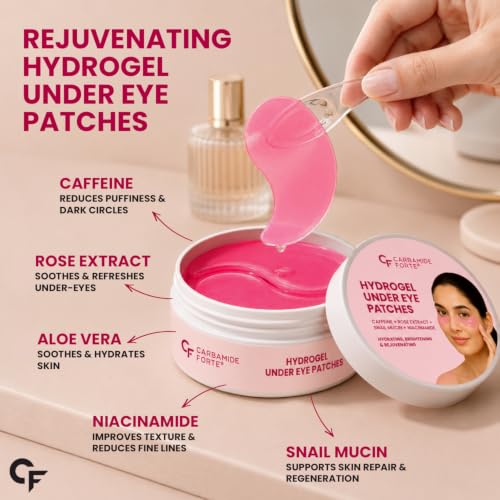 Image of Carbamide Forte Hydrogel Under Eye Patches For Dark Circles | Under Eye Mask with Caffeine, Rose Extract, Niacinamide | Reduces Dark Circles & Puffiness | Hydrating & Brightening Eye Patches | 60 Patches (30 Pairs)