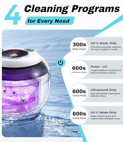 Image of Ultrasonic Retainer Cleaner Machine, 45kHz Deep Gentle Dental Cleaning Pod with 304 Stainless Steel Tank, 4 Cleaning Modes for Aligners, Dentures, Mouth Guards, Night Guards, Toothbrush Heads