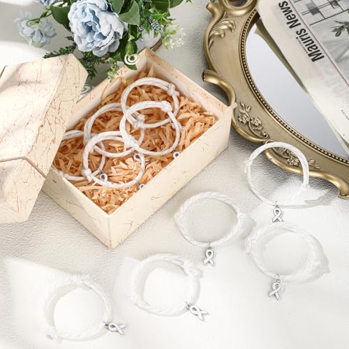 Tondiamo 30 Pcs Lung Cancer Awareness Bracelets Bulk with White Ribbon Alloy Pendant Adjustable Bracelets for Women's Rights Movement Bone Cancer Adoption Charity Recognition Public Events4