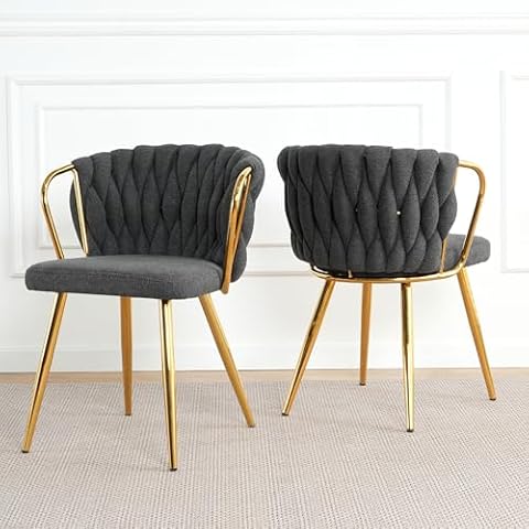 Msutree Dining Chairs Set of 2, Woven Linen Upholstered Dining Chairs with Metal Legs, Mid-Century Modern Accent Chairs for Living Room, Dining Room, Vanity, Kitchen, Black Cover