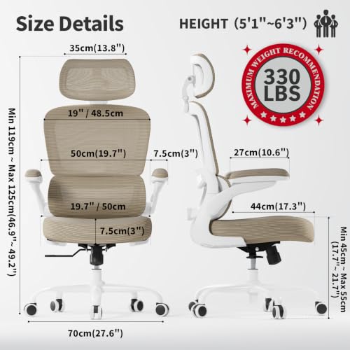 Image of TRALT Ergonomic Office Chair - Desk Chair with Adjustable Headrest Lumbar Support Computer Chair - Mesh Comfy Chair with Flip-up Armrests - Gaming Chairs for Adults Home Office (PU Leather,Khaki)