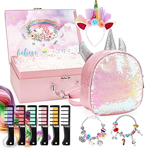 Unicorn Gift Set in Mystery Box for Girls âPink Glitter Unicorn Bag, DIY Charm Bracelet Making Kit, Temporary Bright Hair Chalk, Glamorous Headband, Gift for Teen and Preteen Girls(Pink Unicorn Bag)