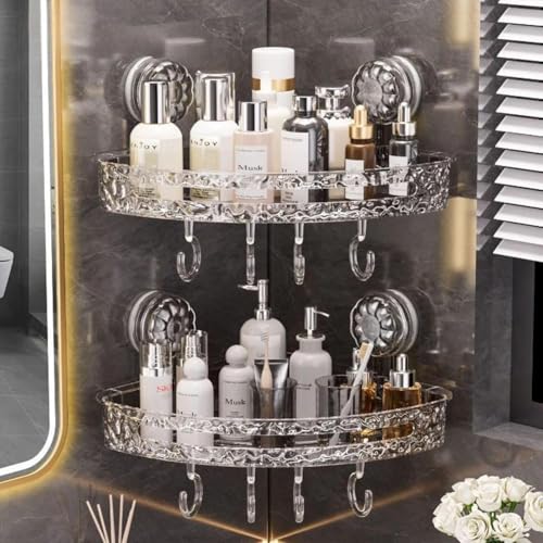 Image of Bathroom Corner Shelf for Wall with Strong Suction Cups - Transparent Acrylic Triangle Storage Rack with Utility Hooks, No-Drill Bathroom Organizer for Shampoo, Soap & Accessories (Round)