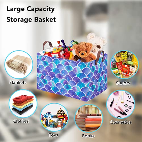 Image of Mermaid Storage Bin Basket Collapsible with Leather Handles Waterproof Canvas Storage Cube Box for Closet Toys Clothes Nursery Room Gift Basket