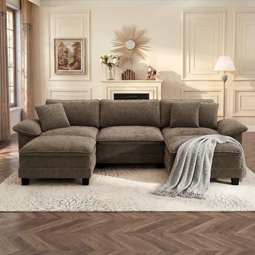 PHI VILLA Cloud Modular Couch Sets, 123.6' Sectional Sofa with U-Shaped Chaise, 5-Seater Couches with 2 Movable Ottomans for Living Room, Chenille Fabric, Taupe