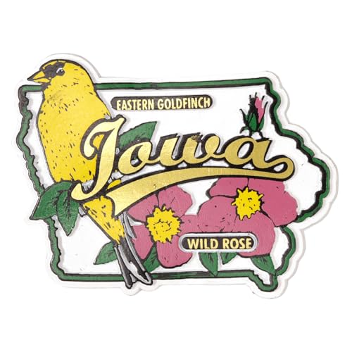 Imán Iowa con diseño de jilguero y rosa silvestre miniatura 1