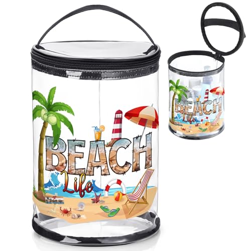 Beach Gifts Heavy Duty Clear Lotion Toiletry Bags for Travel Sunscreen Makeup Cosmetic Pouch Cylinder Bag Waterproof Portable Trip Bag with Handle Zipper(Beach Life)