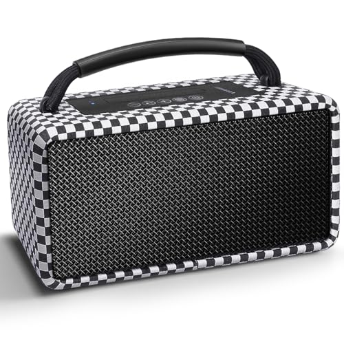 Image of DINDIN Portable Bluetooth Speaker: 80W (Peak), 20H Playtime, Loud Wireless Wood Speakers with Bass, AUX and USB Input, Subwoofer, TWS Pairing, Vintage Speaker for Outdoor, Home, Office (White+Black)