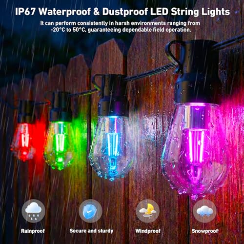 Image of Outdoor String Lights,200FT Smart RGB+IC Patio Lights with Shatterproof LED Bulbs ,Outside Light Dimmable Patio for Decor DIY IP67 Waterproof ,Courtyard, garden,Holiday,LED lights more Scene Modes