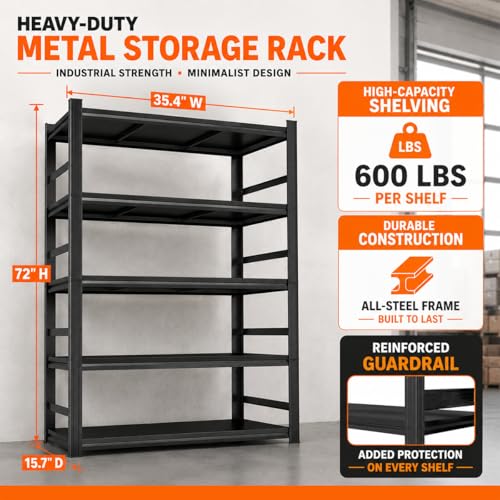 Image of PRESTELION 72 inch H Garage Shelving, 3000 lbs Heavy Duty Metal Storage Shelves with Reinforced Guardrail, 5-Tier Adjustable Utility Shelf for Warehouse, Pantry, Basement, 35.4 inch W x 15.7 inch D x 72 inch H