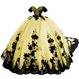 KPYURC Beaded Black Appliques Quinceanera Dresses Beaded Ball Gown 2024 Elegant Off Shoulder Yellow Prom Dresses Vestidos de15 años Size 10