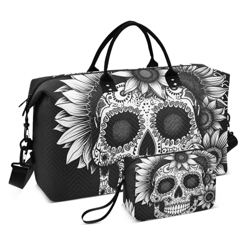 Large Travel Duffel Bag, Sunflowers Mexican Skull Sports Tote Gym Bag, Shoulder Weekender Overnight Bag for Women Men, Carry On Luggage with Toiletry Bags