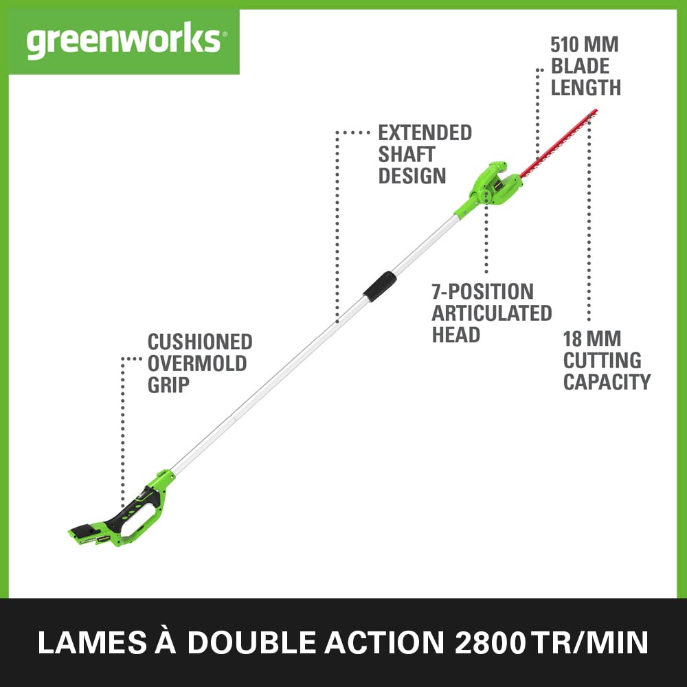 Greenworks G24PH51K2 Taille-Haie à Batterie sur Perche Modulable, Lames de 51 cm Double Action, Coupe jusqu'à 18 mm, Pivot de tête de 125°, 1500 tr/min, Batterie 24V et Chargeur, Garantie 3 Ans