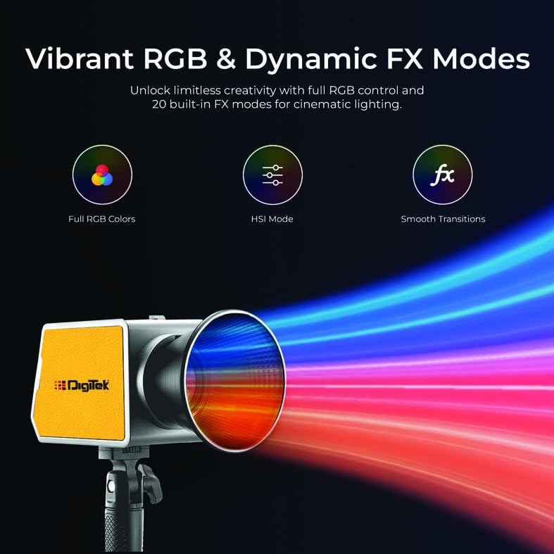 Image of DIGITEK (DCL-60W RGB) 60W RGB Continuous LED Light with Mini Bowen Mount & Reflector, 2700K-6500K Color Temp, 20FX Modes, 97+ CRI, 0-100% Brightness, APP Control, Studio Lighting for Videography