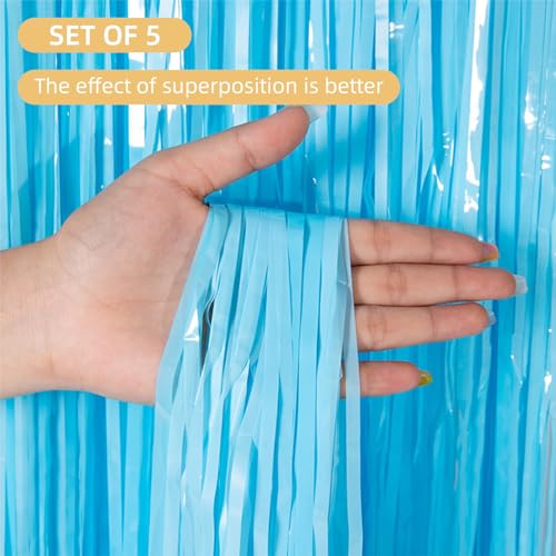 Image of 5 Pack Blue Foil Curtain Backdrop 3.2ft x 8.2ft Tinsel Foil Fringe Curtains Macaron Photo Booth Streamer Backdrop for Party Decorations Birthday Baby Shower Bachelorette Holiday Decor (Pastel Blue)