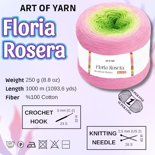 Image of Floria Rosera Ombre 100% Cotton 250g (8.80oz) 1094 Yards Fine 1 Vibrant Multicolor Rainbow for Crochet Knitting Amigurumi Crafts Ideal for Spring Summer Projects Thick Soft