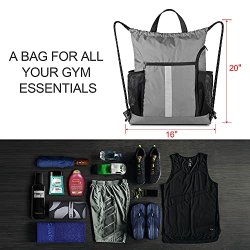 Image of BeeGreen Grey Drawstring Bag Pack Gym Sackpack w Shoe Compartment Two Water Bottle Holder Portable String Sinch Sack for Gymnastic Athletic Beach Travel