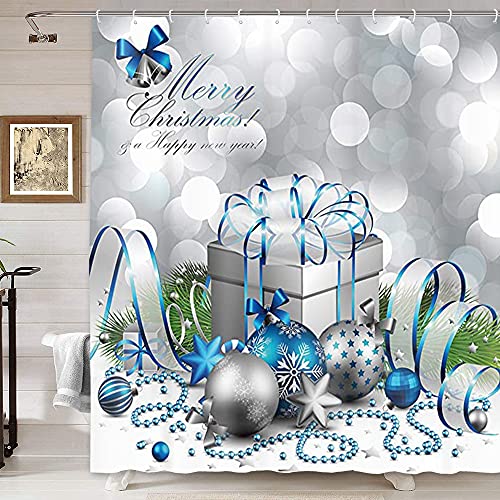 DYNH-Holiday-Shower-Curtain-Happy-Merry-Christmas-Silver-and-Blue-Xmas-Ball-and-Gift-Box-for-New-Year-Bath-Curtains-Fabric-Shower-Curtain-Bathroom-Accessories-12PCS-Hooks-69X70IN