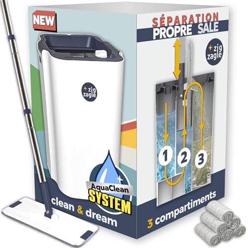 Zig Zagle kit completo cubo escurridor, escoba plana giratoria 360° Auto limpiador, fregona de microfibra Fundas de repuesto, sistema higiénico de separación, agua limpia y sucia, mop centrifugado