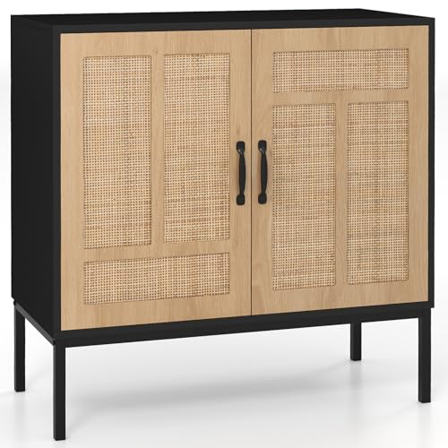 COSTWAY Sideboard mit 2 Rattantüren, Boho Küchenschrank aus Holz,...