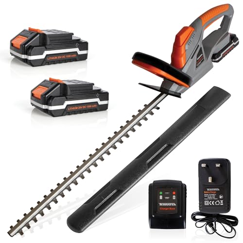 Terratek Cordless Hedge Trimmer 20V 1HR Fast Charge 51cm (510mm) Cutting Length, Hedge Trimmer Cordless Hedge Cutter with 2x Batteries and Charger Included