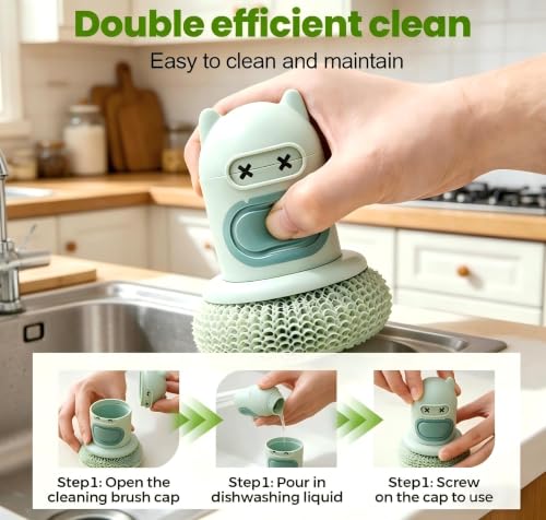 Image of Refillable Soap Dispensing Dish Brush, | Palm Grip Kitchen Scrubber, Heavy-Duty for Dishes Pots Pans Nonstick Cookware, BPA-Free Food-Safe Kitchen Cleaner (Green)